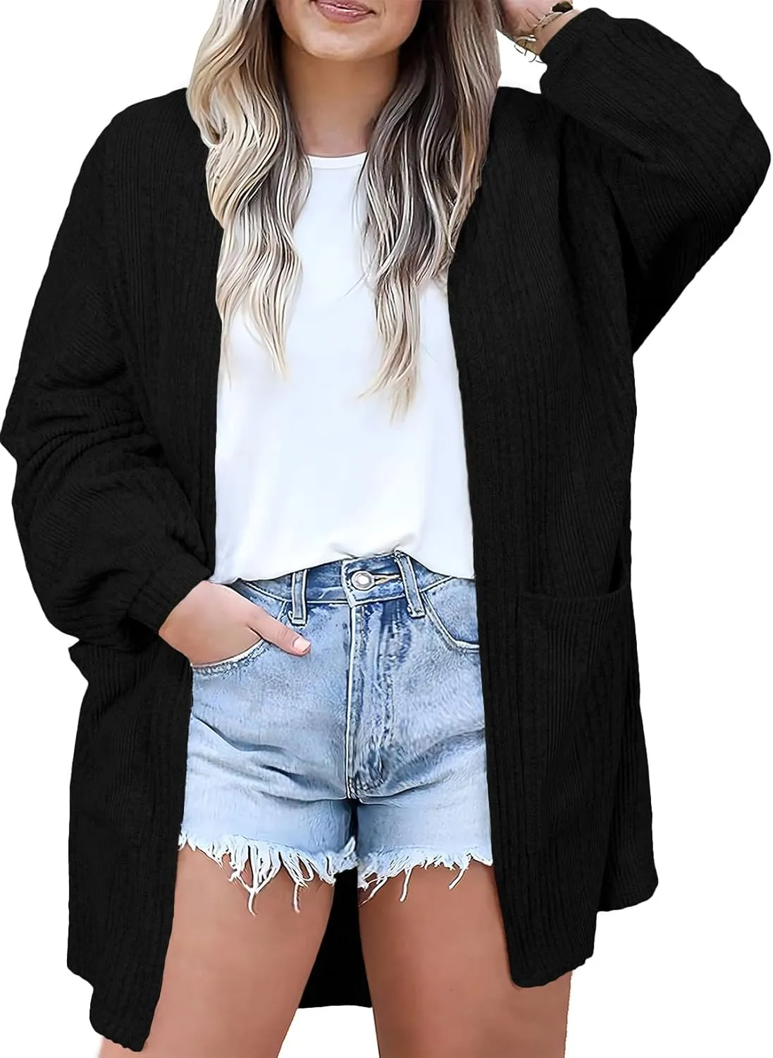 Eytino Womens Plus Size Cardigan Long Sleeve Open Front Casual Knit Sweaters with Pockets Loose Outwear(1X-5X)
