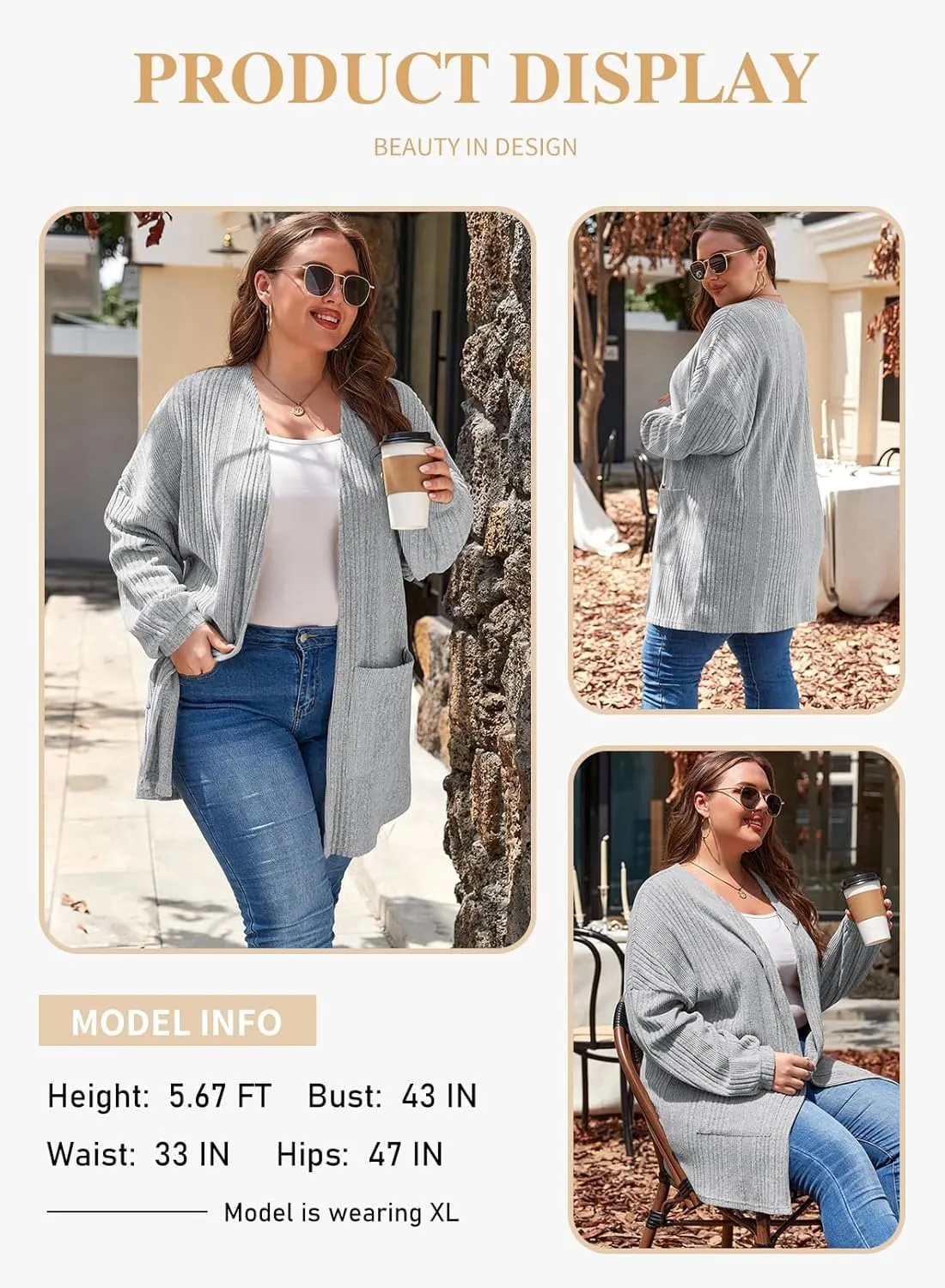 Eytino Womens Plus Size Cardigan Long Sleeve Open Front Casual Knit Sweaters with Pockets Loose Outwear(1X-5X)