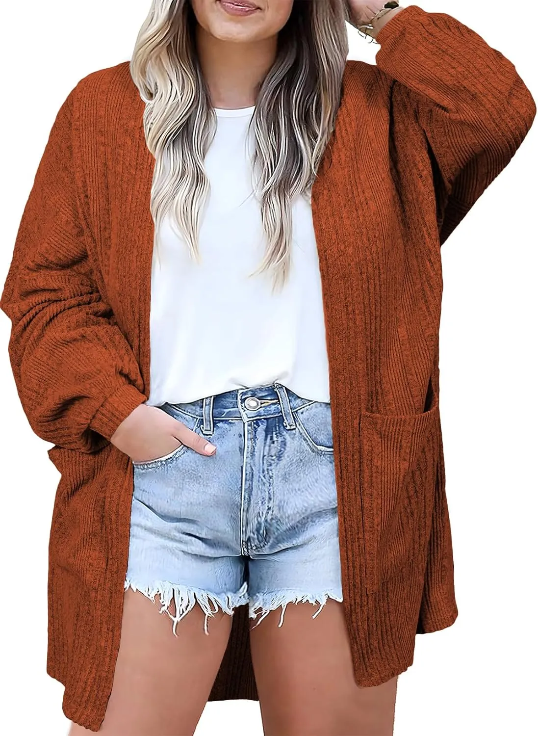 Eytino Womens Plus Size Cardigan Long Sleeve Open Front Casual Knit Sweaters with Pockets Loose Outwear(1X-5X)