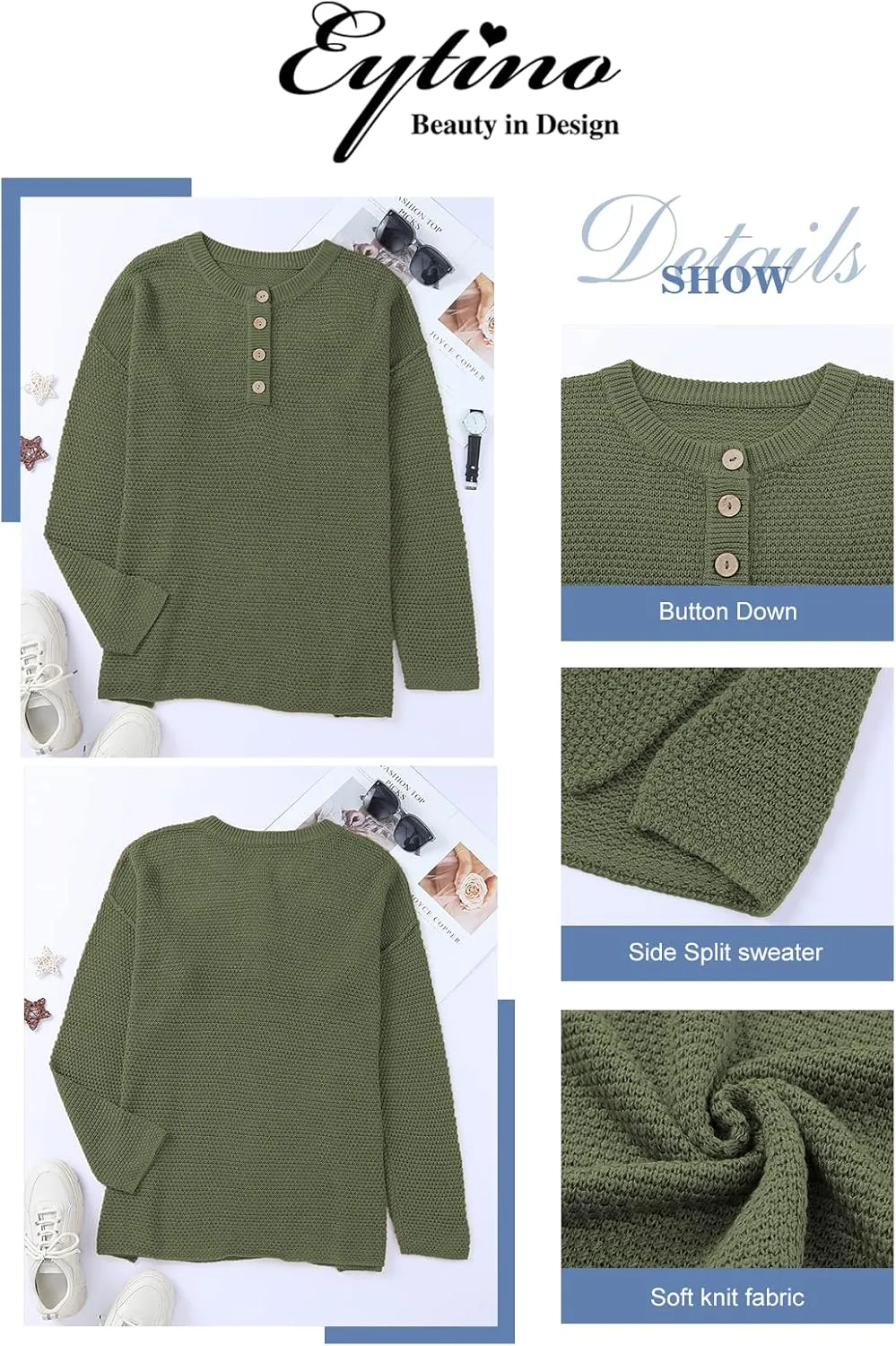 Eytino Womens Plus Size Sweaters Casual Long Sleeve Loose V Neck Button Henley Tops Pullover Knit Jumpers,(1X-5X)
