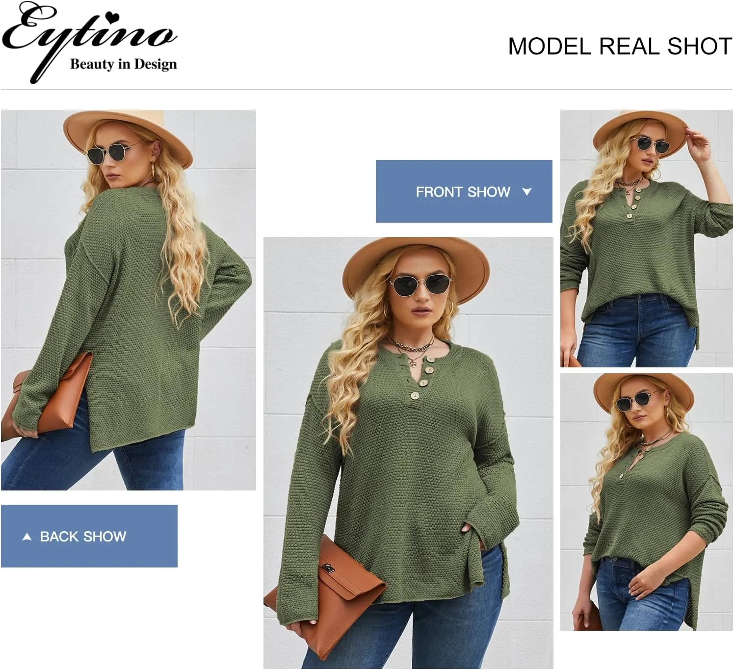 Eytino Womens Plus Size Sweaters Casual Long Sleeve Loose V Neck Button Henley Tops Pullover Knit Jumpers,(1X-5X)