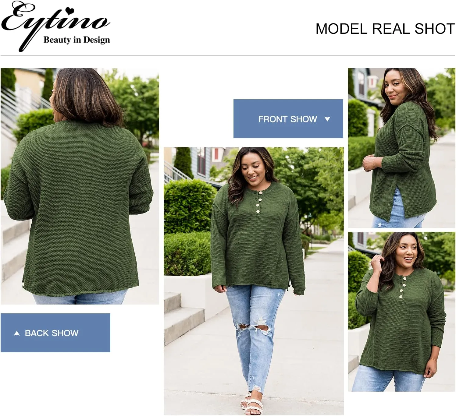 Eytino Womens Plus Size Sweaters Casual Long Sleeve Loose V Neck Button Henley Tops Pullover Knit Jumpers,(1X-5X)