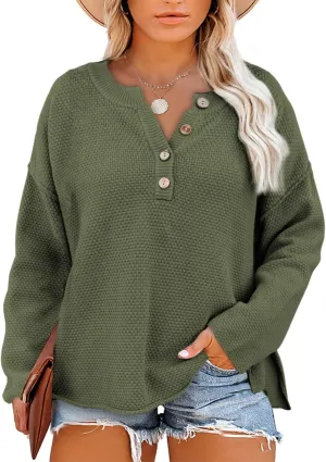 Eytino Womens Plus Size Sweaters Casual Long Sleeve Loose V Neck Button Henley Tops Pullover Knit Jumpers,(1X-5X)