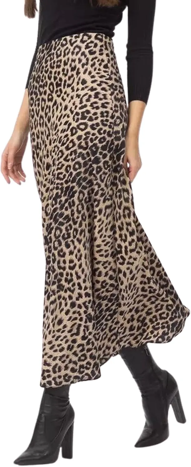 Ezcosplay Women Satin Leopard Print Maxi Skirt High Waist Slik Animal Cheetah Print A Line Long Skirts