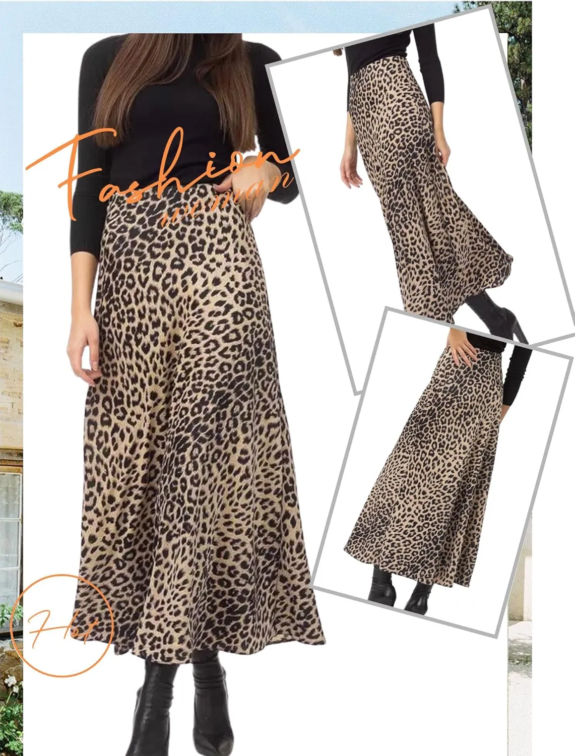 Ezcosplay Women Satin Leopard Print Maxi Skirt High Waist Slik Animal Cheetah Print A Line Long Skirts