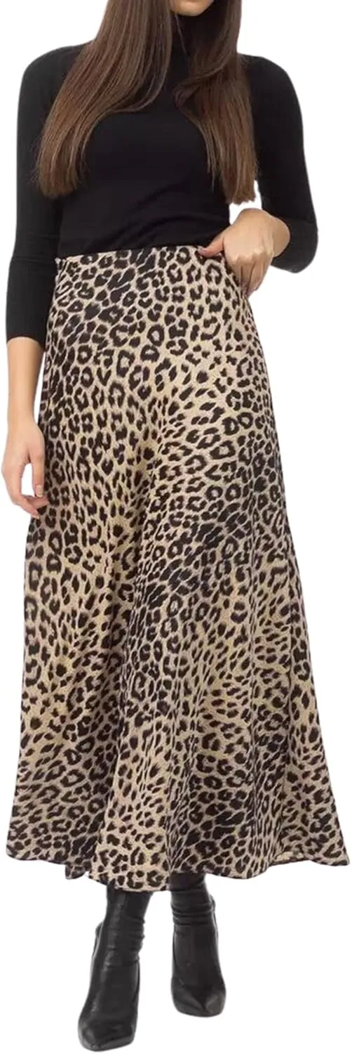 Ezcosplay Women Satin Leopard Print Maxi Skirt High Waist Slik Animal Cheetah Print A Line Long Skirts