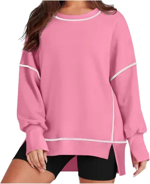 Fall Sweatshirts For Women Trendy 2024 Oversized Long Sleeve Crewneck Pullover Tops Side Slit Slouchy Sweatshirt