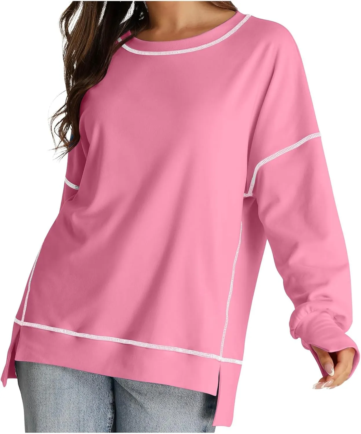 Fall Sweatshirts For Women Trendy 2024 Oversized Long Sleeve Crewneck Pullover Tops Side Slit Slouchy Sweatshirt