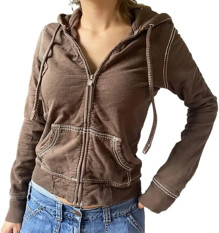 Faretumiya Women Zip Up Long Sleeve Crop Hooded Tops Ribbed Knit Cropped Hoodie Jacket Y2k Cute Sweater Pullover