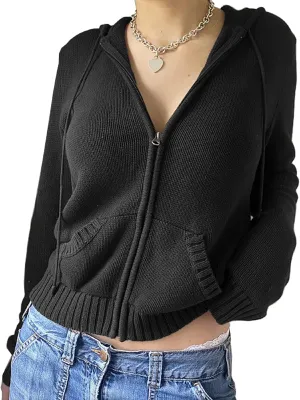 Faretumiya Women Zip Up Long Sleeve Crop Hooded Tops Ribbed Knit Cropped Hoodie Jacket Y2k Cute Sweater Pullover