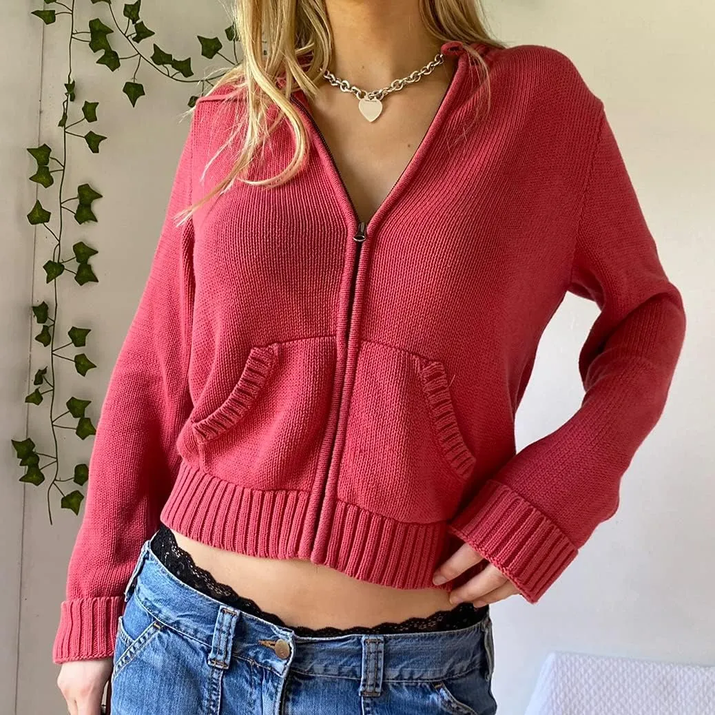 Faretumiya Women Zip Up Long Sleeve Crop Hooded Tops Ribbed Knit Cropped Hoodie Jacket Y2k Cute Sweater Pullover