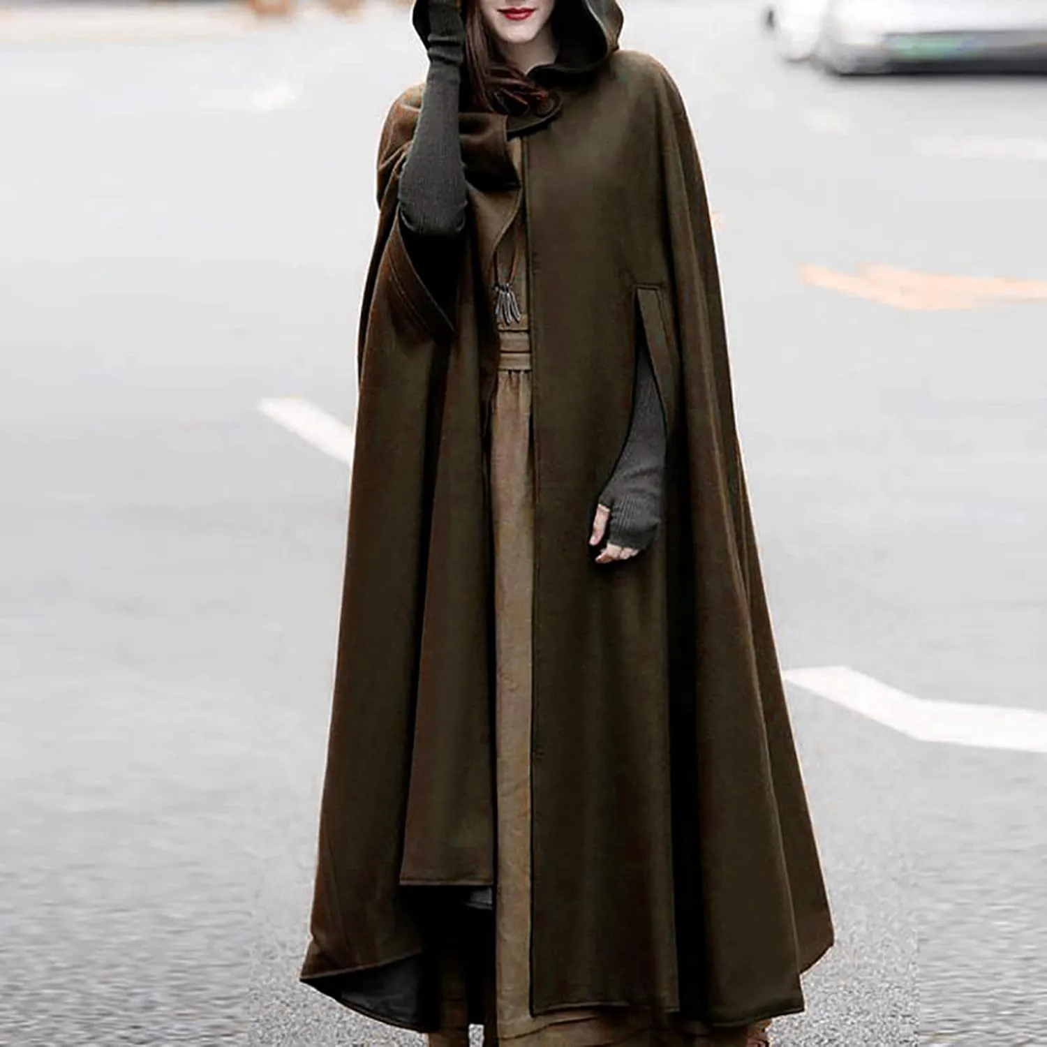 Fashion Hooded Trench Coat Cloak Halloween Costumes Woman 2025 Solid Split Woolen Outerwear Long Hoodies