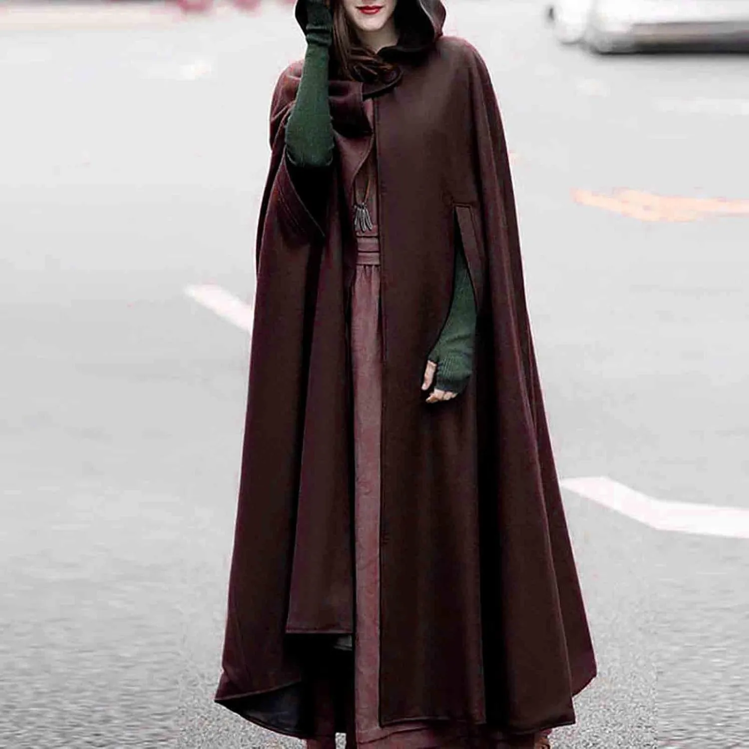 Fashion Hooded Trench Coat Cloak Halloween Costumes Woman 2025 Solid Split Woolen Outerwear Long Hoodies