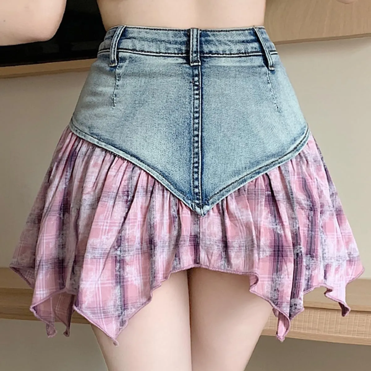 Fashion Womens Denim Mini Skirt Casual Y2K High Waist A-Line Irregular Splicing Ruffle Pleated Jeans Skirt