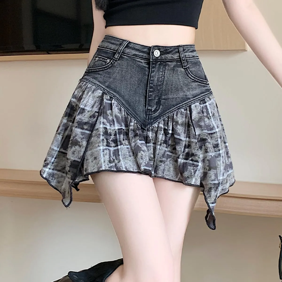 Fashion Womens Denim Mini Skirt Casual Y2K High Waist A-Line Irregular Splicing Ruffle Pleated Jeans Skirt
