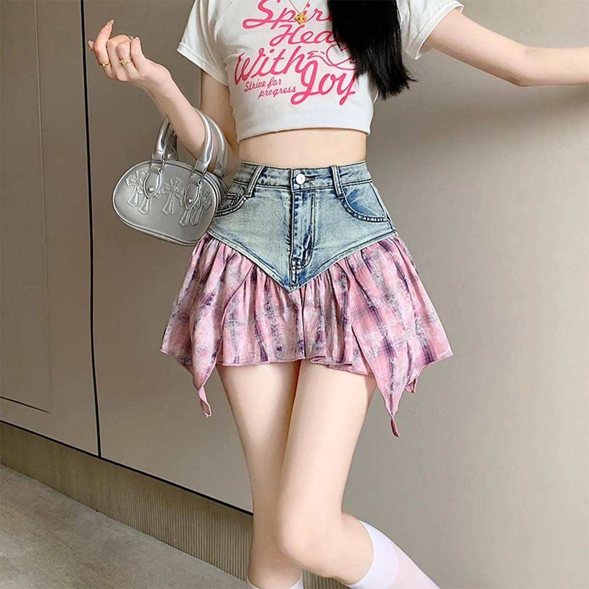 Fashion Womens Denim Mini Skirt Casual Y2K High Waist A-Line Irregular Splicing Ruffle Pleated Jeans Skirt