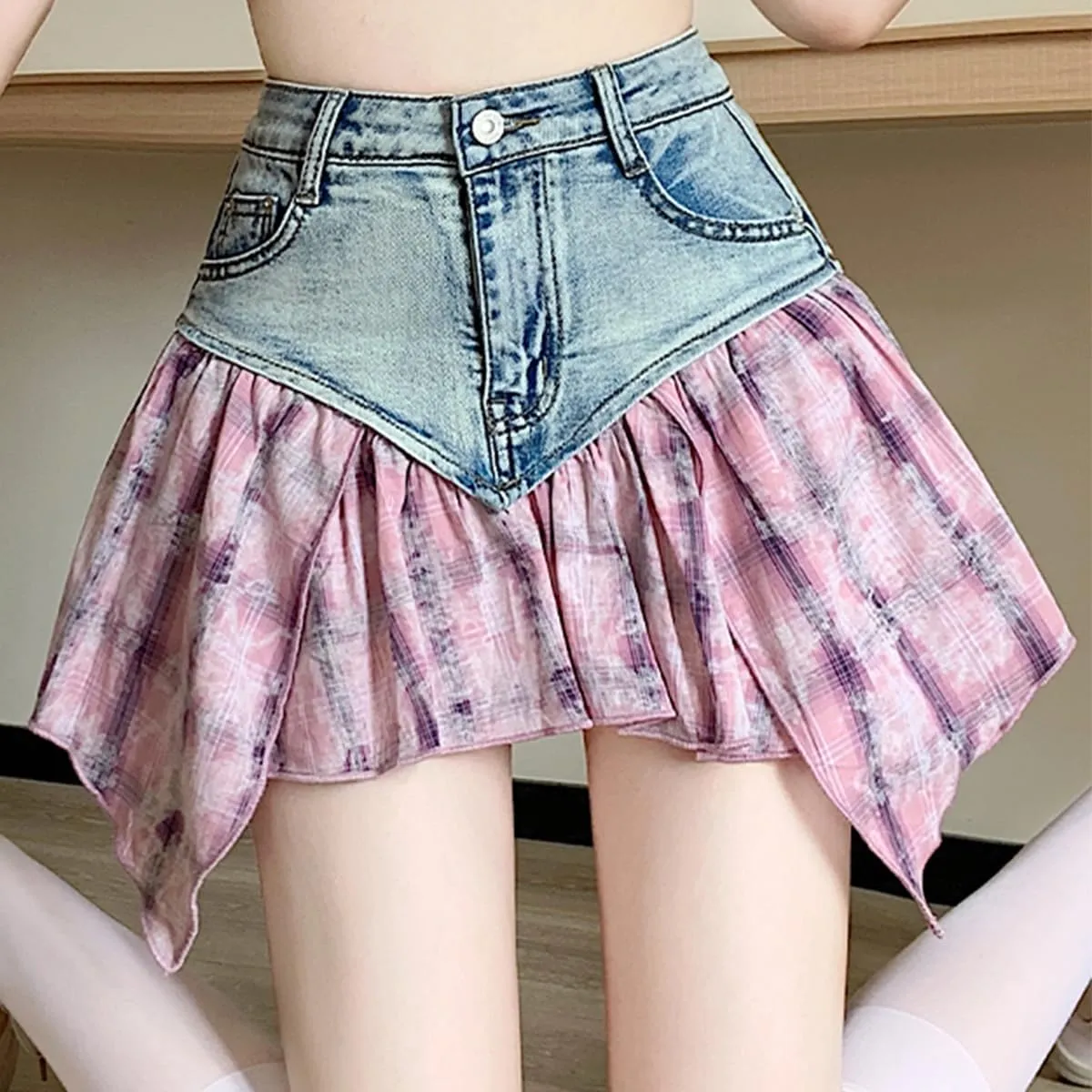 Fashion Womens Denim Mini Skirt Casual Y2K High Waist A-Line Irregular Splicing Ruffle Pleated Jeans Skirt