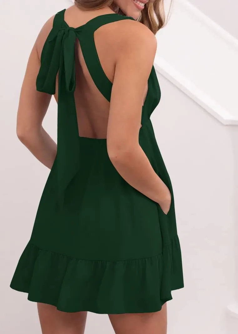 Febriajuce Womens Summer Mini Dress Loose Ruffle Deep V-Neck Backless Strap Solid Casual Short Dresses with Pockets