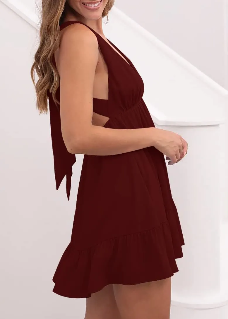 Febriajuce Womens Summer Mini Dress Loose Ruffle Deep V-Neck Backless Strap Solid Casual Short Dresses with Pockets