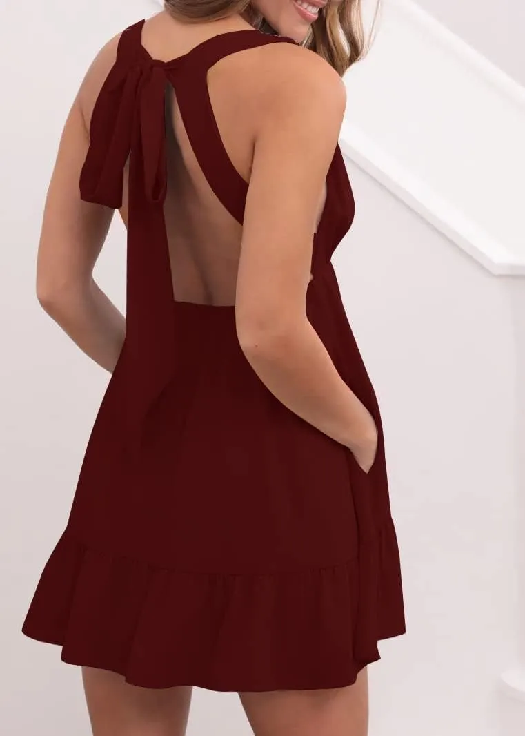 Febriajuce Womens Summer Mini Dress Loose Ruffle Deep V-Neck Backless Strap Solid Casual Short Dresses with Pockets