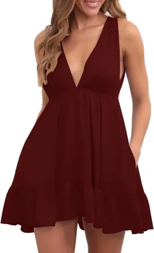Febriajuce Womens Summer Mini Dress Loose Ruffle Deep V-Neck Backless Strap Solid Casual Short Dresses with Pockets