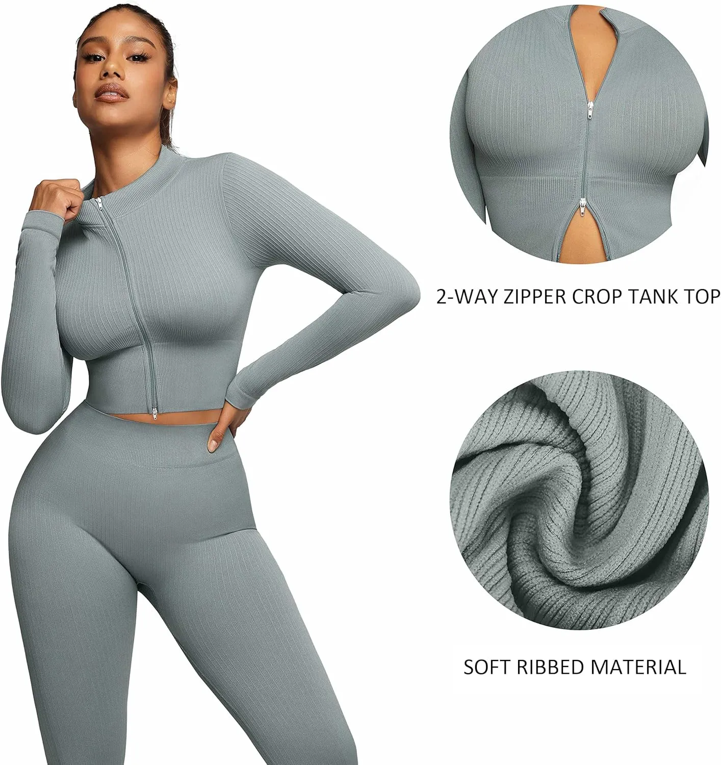 FeelinGirl Workout Sets for Women 2 Piece Gym Outfits High Waist Yoga Leggings and Long Sleeve Crop Top with Zipper
