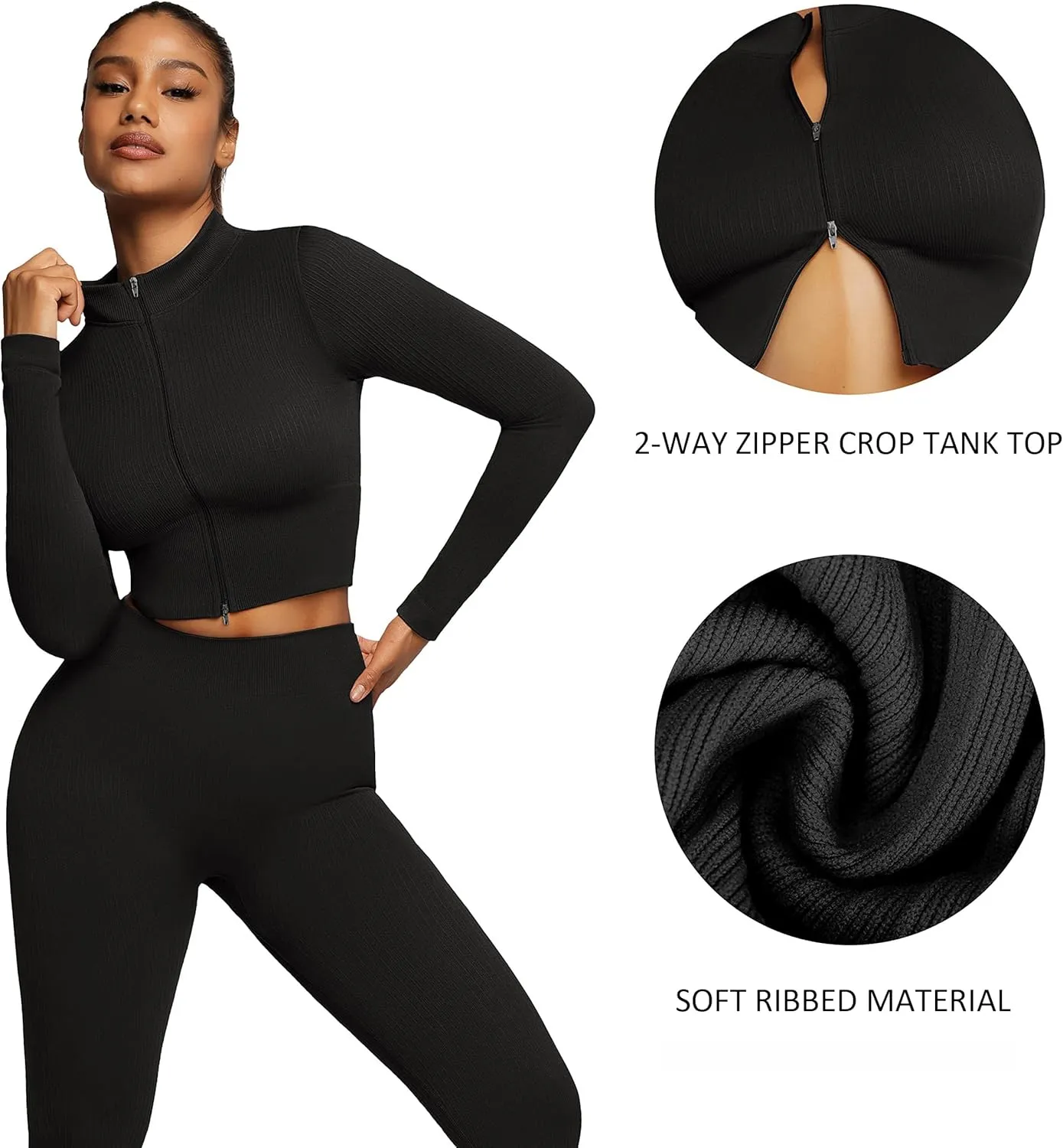 FeelinGirl Workout Sets for Women 2 Piece Gym Outfits High Waist Yoga Leggings and Long Sleeve Crop Top with Zipper