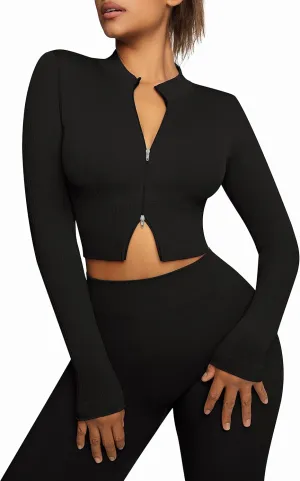 FeelinGirl Workout Sets for Women 2 Piece Gym Outfits High Waist Yoga Leggings and Long Sleeve Crop Top with Zipper