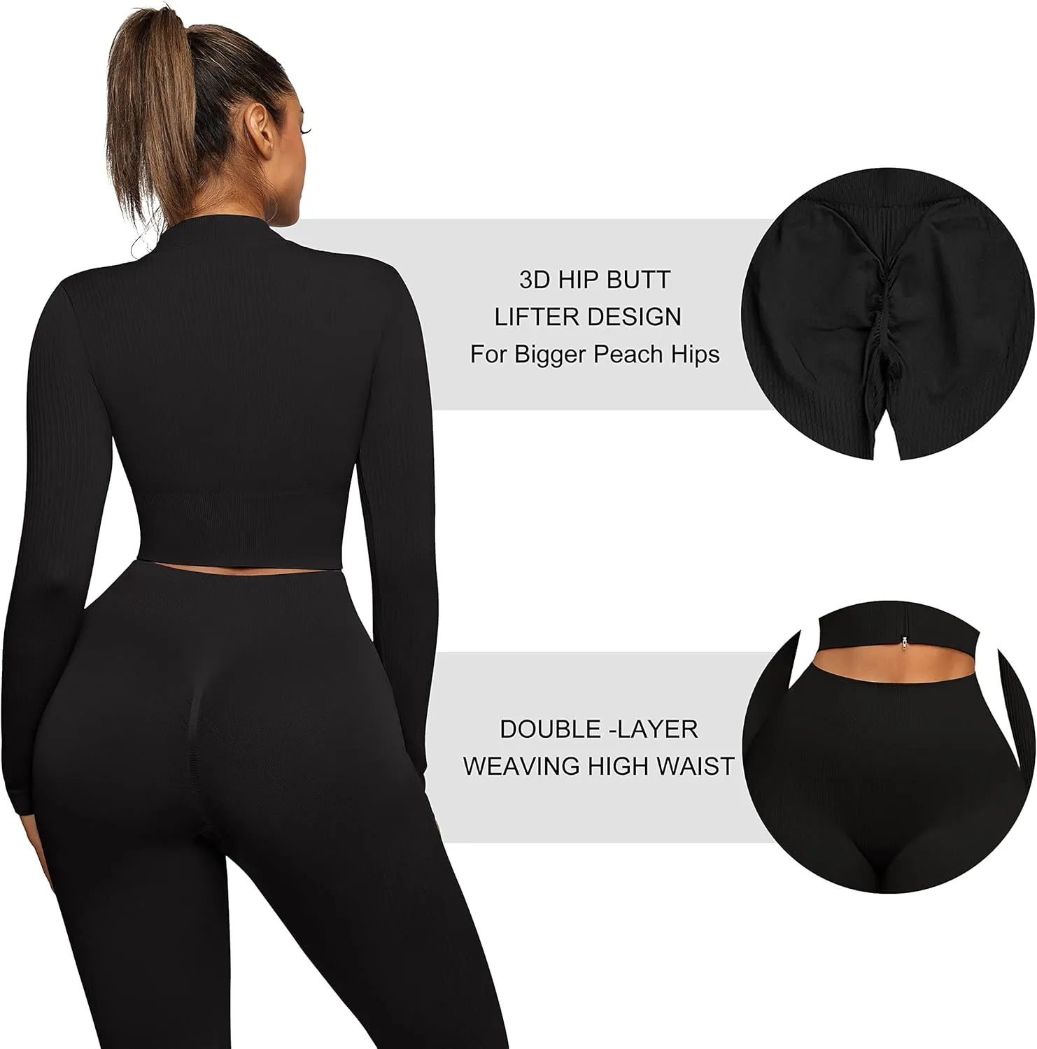 FeelinGirl Workout Sets for Women 2 Piece Gym Outfits High Waist Yoga Leggings and Long Sleeve Crop Top with Zipper