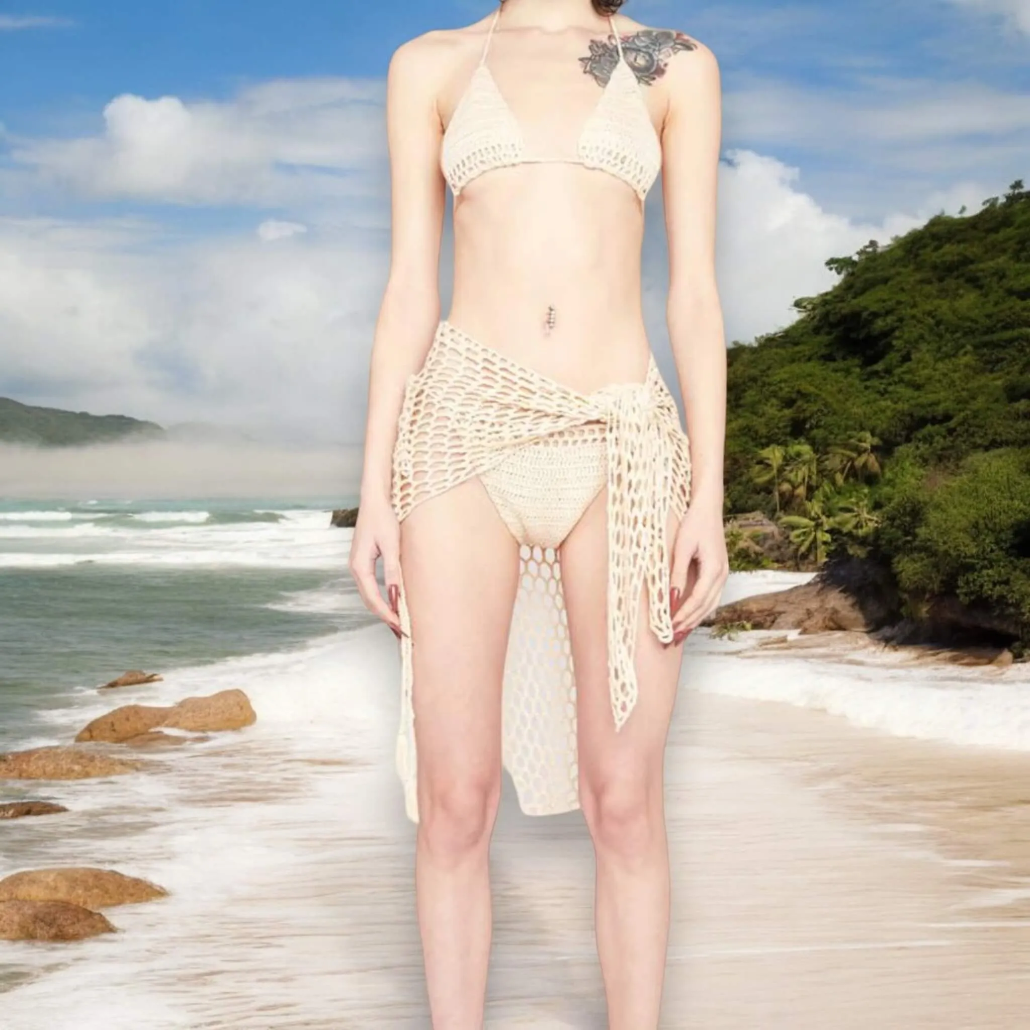 Festival Beige Bikini Sarong Outfit Sets