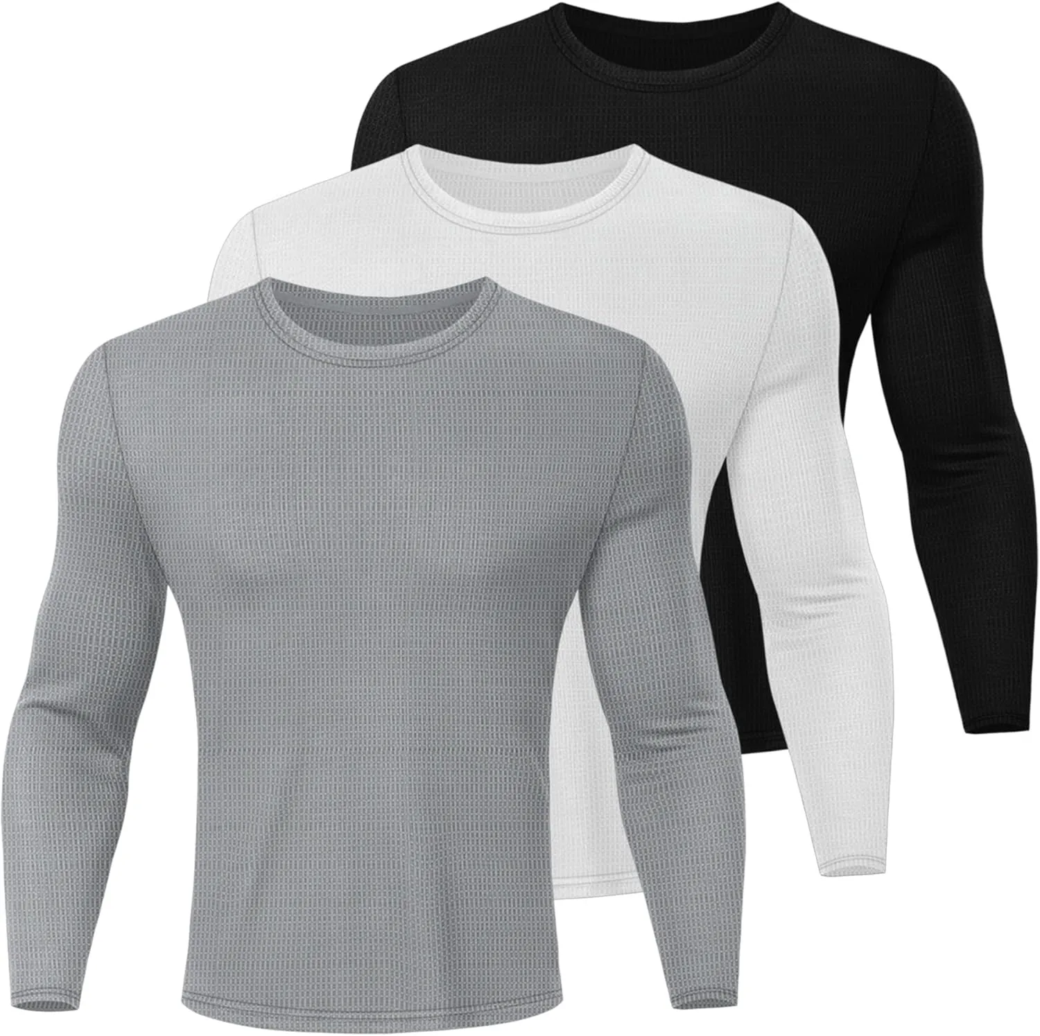 Ficerd 3 Pack Men's Waffle Long Sleeve Shirts, Crew Neck Thermal Underwear Tops Casual Pullover Sweaters Knit Undershirts