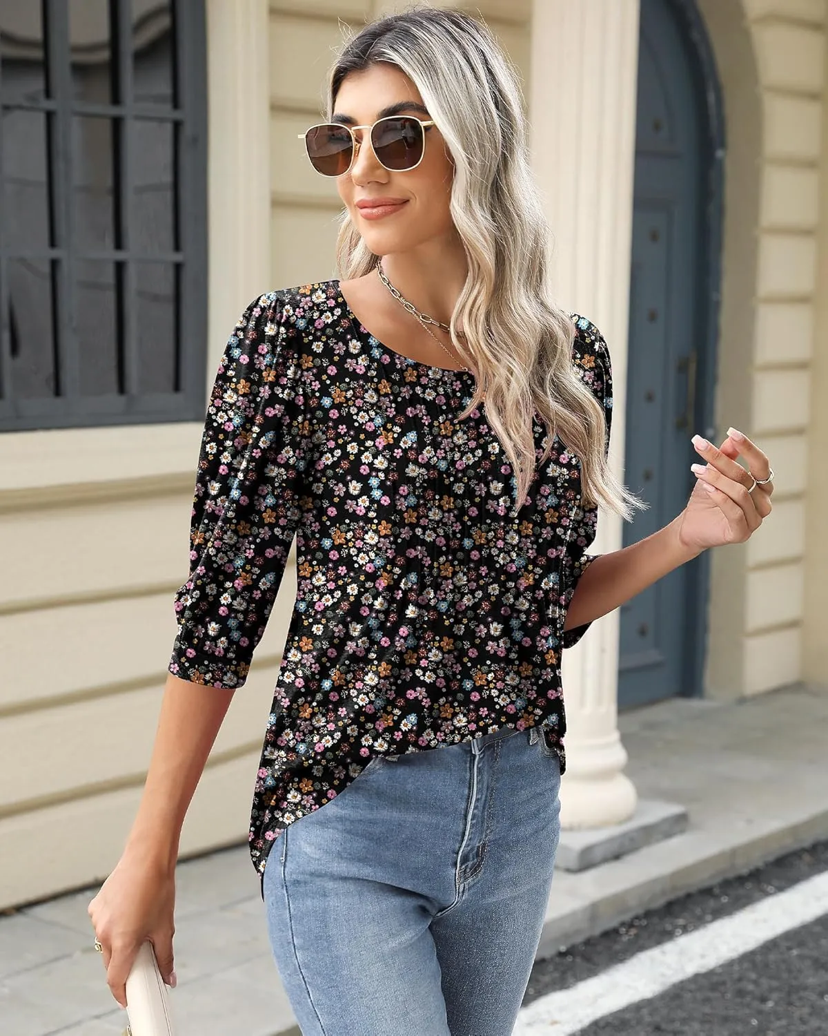 Ficerd Women's Puff 3/4 Sleeve Tops Trendy Crew Neck Tunic Top Pleated Casual Loose Dressy T Shirts Blouses