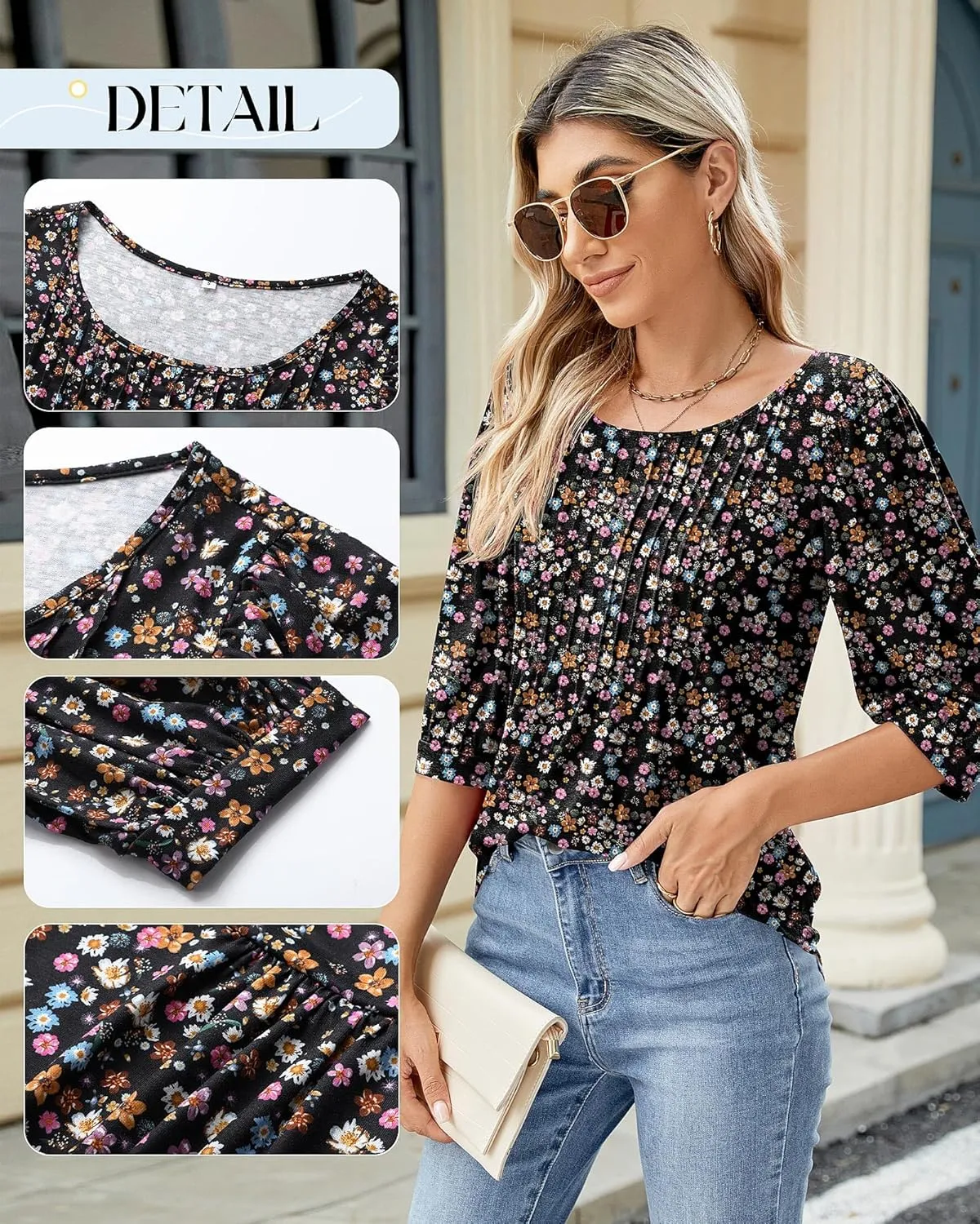 Ficerd Women's Puff 3/4 Sleeve Tops Trendy Crew Neck Tunic Top Pleated Casual Loose Dressy T Shirts Blouses