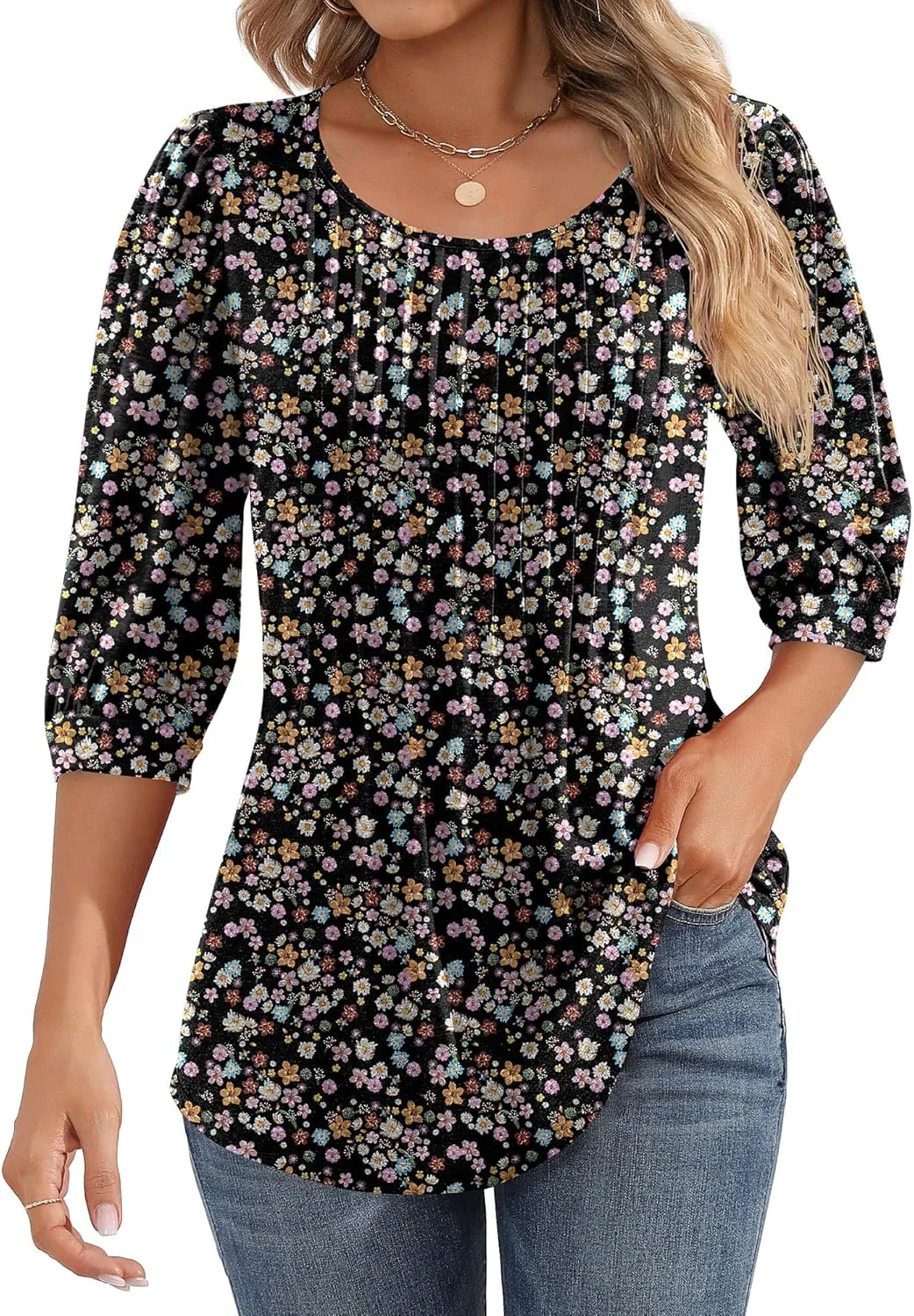 Ficerd Women's Puff 3/4 Sleeve Tops Trendy Crew Neck Tunic Top Pleated Casual Loose Dressy T Shirts Blouses