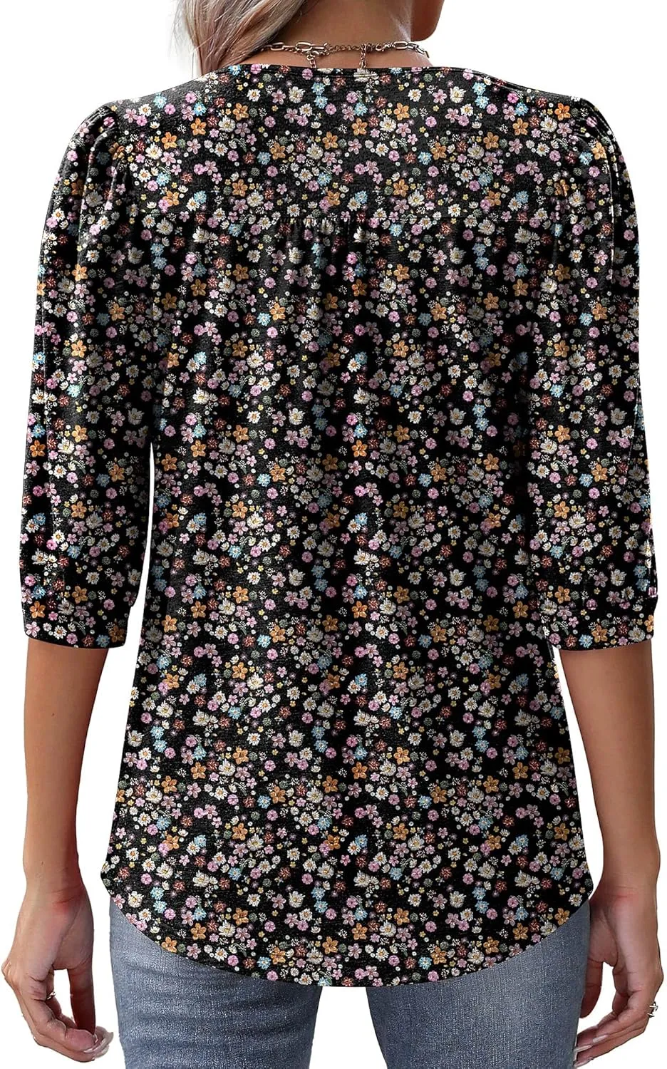 Ficerd Women's Puff 3/4 Sleeve Tops Trendy Crew Neck Tunic Top Pleated Casual Loose Dressy T Shirts Blouses