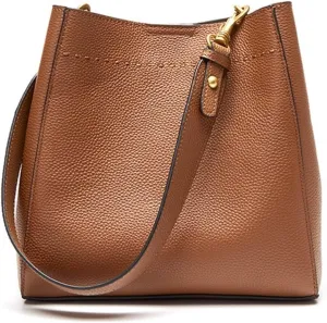 First-layer Cowhide Retro Genuine Leather Women's Bag Large Capacity Bucket Bag Versatile Shoulder Crossbody Bag(Khaki)