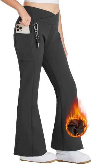 FitsT4 Sports Girls Fleece Lined Flare Pants Cross Waist Bell Bottom Leggings with Pockets Kids Bootcut Yoga Athletic Pants