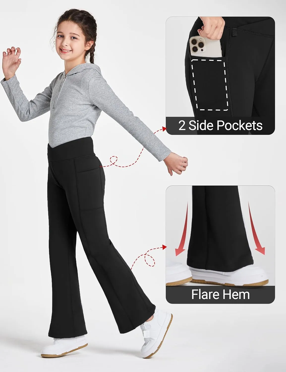 FitsT4 Sports Girls Fleece Lined Flare Pants Cross Waist Bell Bottom Leggings with Pockets Kids Bootcut Yoga Athletic Pants