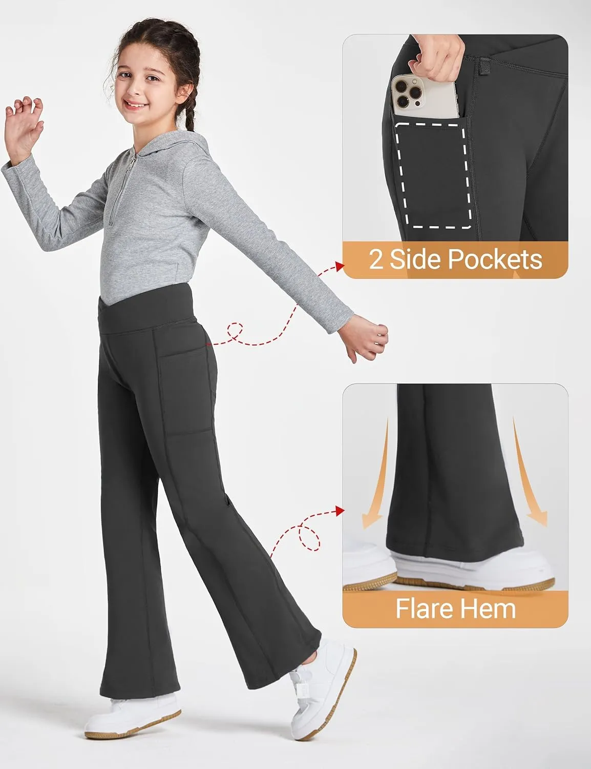 FitsT4 Sports Girls Fleece Lined Flare Pants Cross Waist Bell Bottom Leggings with Pockets Kids Bootcut Yoga Athletic Pants