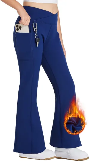 FitsT4 Sports Girls Fleece Lined Flare Pants Cross Waist Bell Bottom Leggings with Pockets Kids Bootcut Yoga Athletic Pants