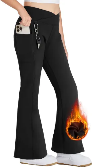 FitsT4 Sports Girls Fleece Lined Flare Pants Cross Waist Bell Bottom Leggings with Pockets Kids Bootcut Yoga Athletic Pants