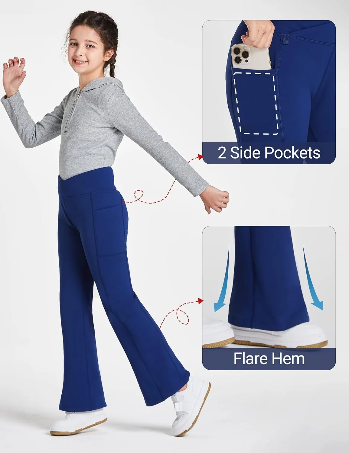 FitsT4 Sports Girls Fleece Lined Flare Pants Cross Waist Bell Bottom Leggings with Pockets Kids Bootcut Yoga Athletic Pants