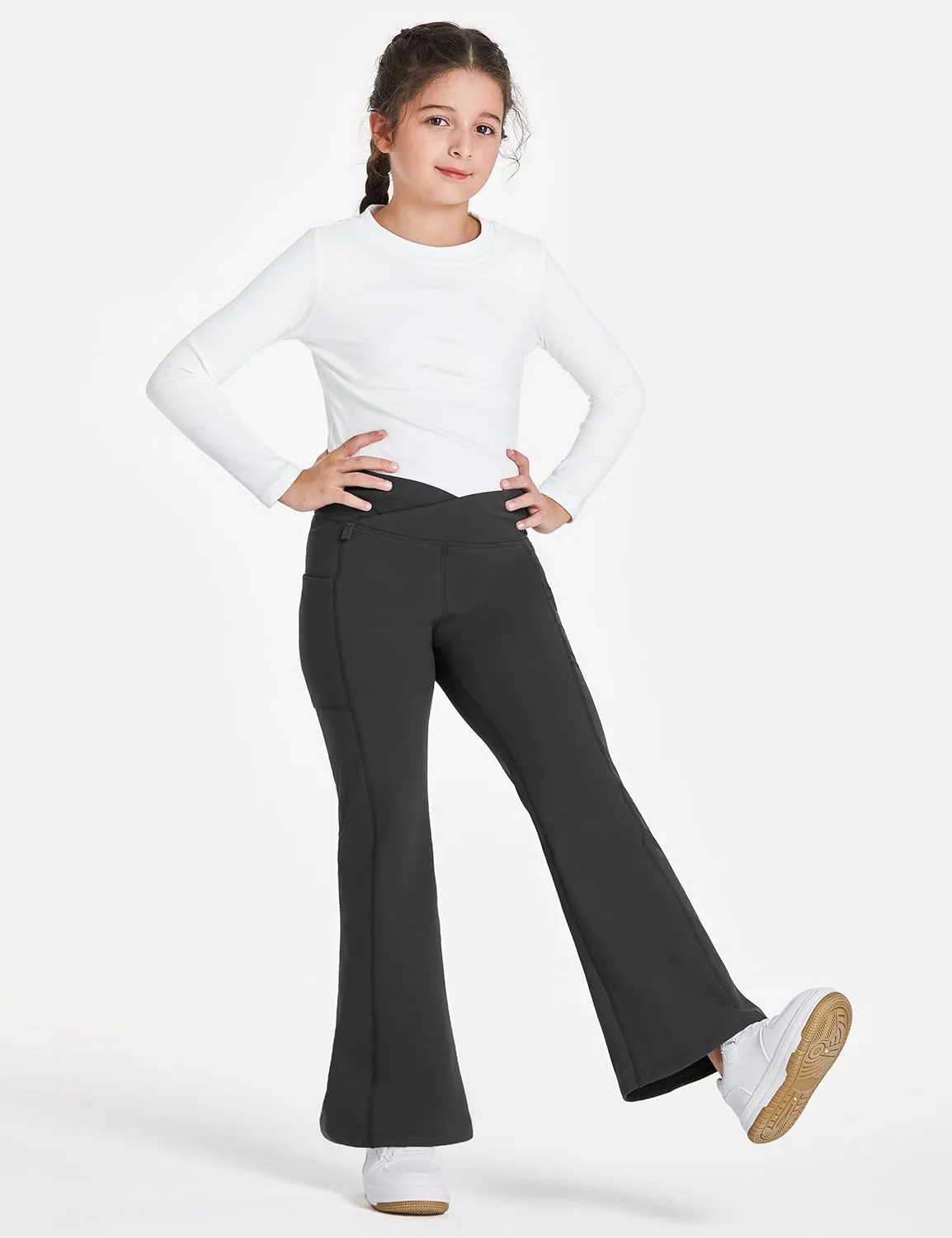 FitsT4 Sports Girls Fleece Lined Flare Pants Cross Waist Bell Bottom Leggings with Pockets Kids Bootcut Yoga Athletic Pants