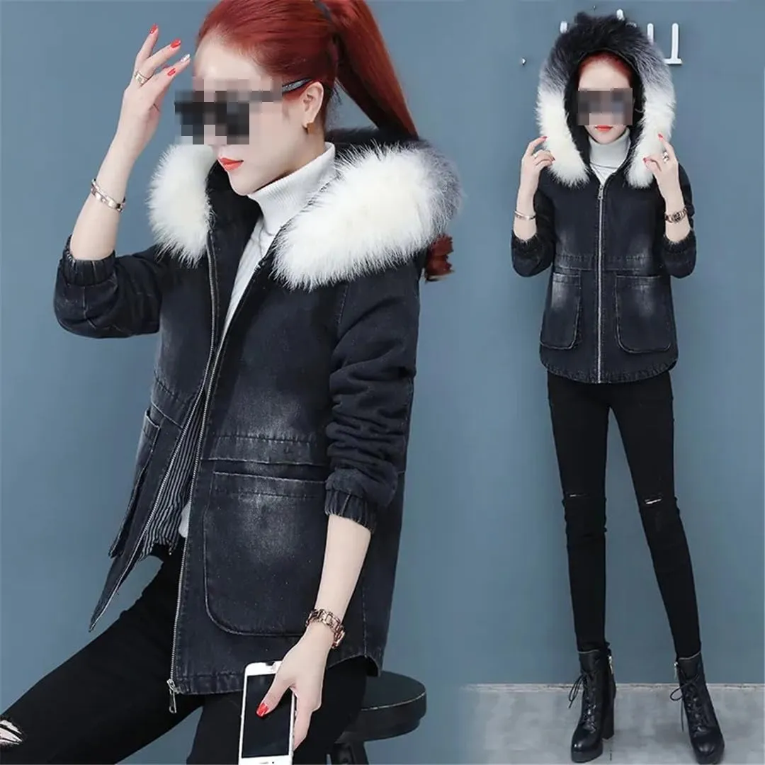 Fjnbbiot Winter Denim Jacket Women Thicken Cotton-Padded Coat Hooded Fur Collar Jean Parka Female Casual Warm Short Outerwear