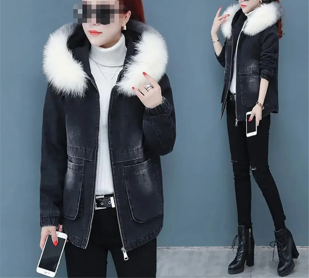 Fjnbbiot Winter Denim Jacket Women Thicken Cotton-Padded Coat Hooded Fur Collar Jean Parka Female Casual Warm Short Outerwear