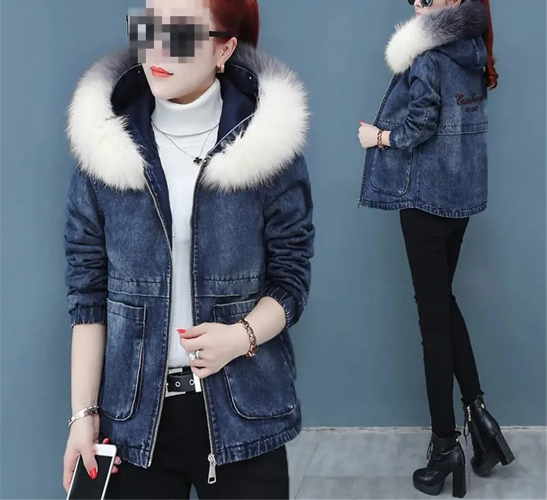 Fjnbbiot Winter Denim Jacket Women Thicken Cotton-Padded Coat Hooded Fur Collar Jean Parka Female Casual Warm Short Outerwear