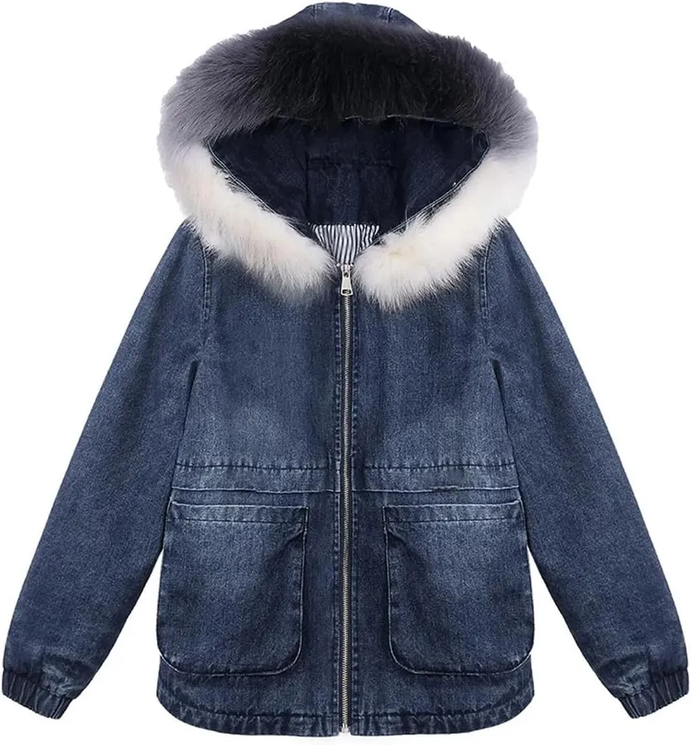 Fjnbbiot Winter Denim Jacket Women Thicken Cotton-Padded Coat Hooded Fur Collar Jean Parka Female Casual Warm Short Outerwear