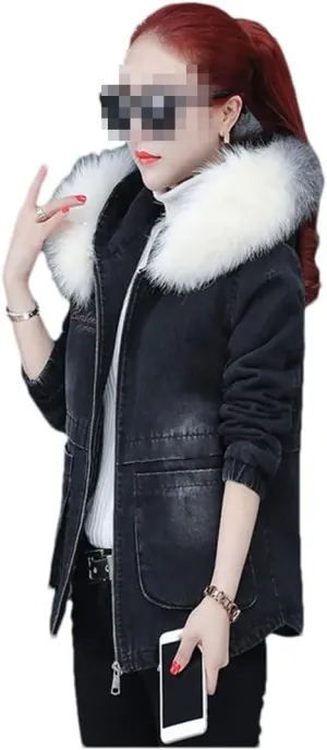 Fjnbbiot Winter Denim Jacket Women Thicken Cotton-Padded Coat Hooded Fur Collar Jean Parka Female Casual Warm Short Outerwear