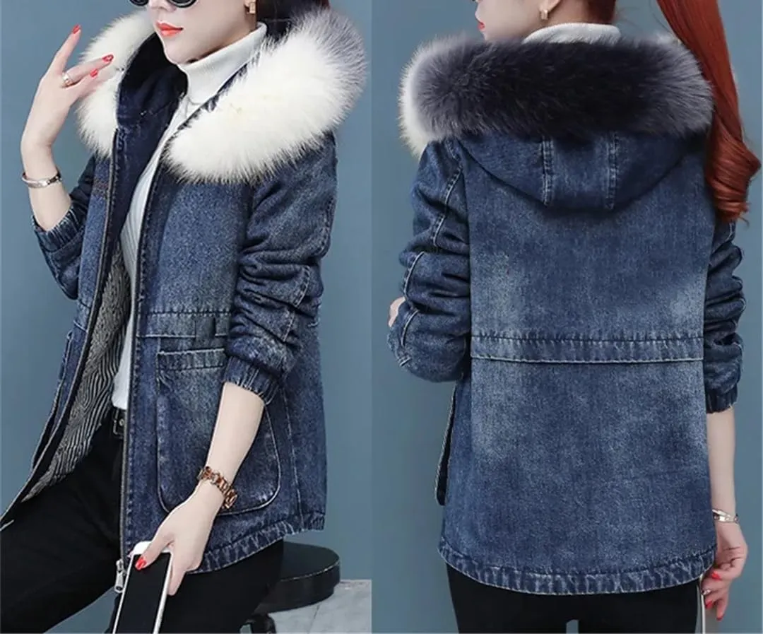 Fjnbbiot Winter Denim Jacket Women Thicken Cotton-Padded Coat Hooded Fur Collar Jean Parka Female Casual Warm Short Outerwear