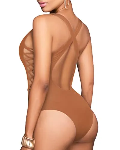 Flattering Deep V Neck Lace Up Monokini-Brown